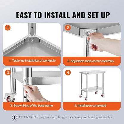 Mophorn 30x18x34 Inch Stainless Steel Work Table 3-Stage Adjustable Shelf with 4 Wheels Heavy Duty Commercial Food Prep Worktable with Brake for Kitchen Prep Work