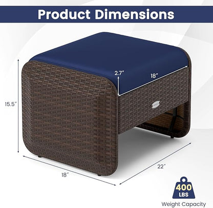 Tangkula 2 Pieces Patio PE Wicker Ottomans with Removable Cushions, Multipurpose Outdoor Furniture for Additional Seating, Footrest and Side Table, Outdoor Footstools for Porch, Backyard (Navy)