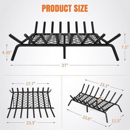 INNO STAGE Fireplace Grates with Ember Retainer - 27 Inch Fireplace Log Grate, Firewood Wood Log Holder Rack, Inside Wrought Cast Iron Fire Grate for Hearth Indoor Outdoor Camping