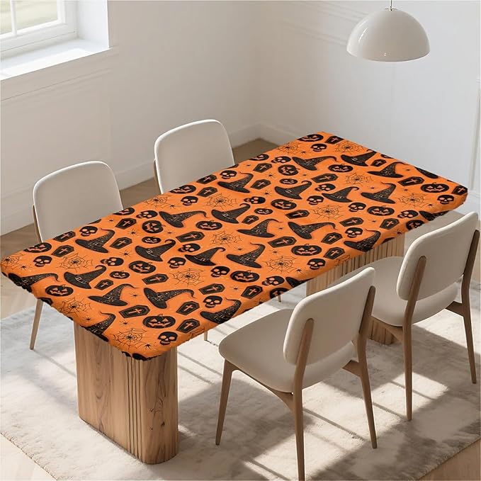 Rectangle Table Cloth Cover Waterproof Elastic Fitted Polyester Fitted Tablecloths for 6 Foot Tables for Indoor,Picnic, Camping, Outdoor （72" x 30"，Halloween Tablecloth）