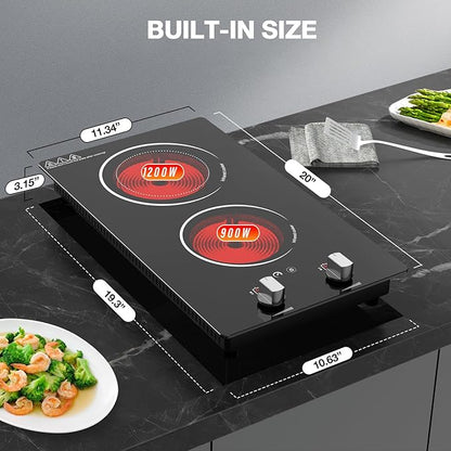 2 Burner Electric Cooktop, 2100W Electric Stove Top Hot Plate, 12 inch Countertop Burner & Built-In Stove Top, 9 Levels of Power, Knob Control, Timer & Kid Safety Lock, Residual Heat Warning
