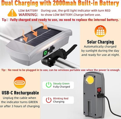 Solar/USB-C Grill Lights for Outdoor Grill Compatible with Blackstone/Weber/Big Green Egg - Rechargeable LED Work Light - Valentines Gifts for Him Men Husband Boyfriend Dad Adults - BBQ Accessories