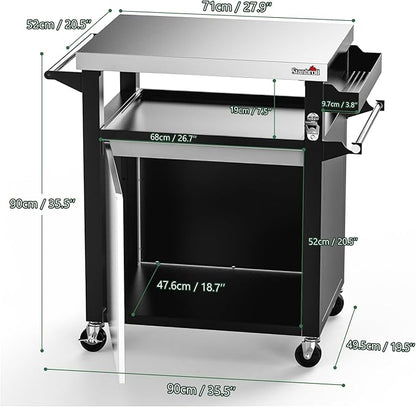 Stanbroil Rolling Grill Table Cart with Storage Cabinet, 3-Shelf Movable Prep Table Outdoor Bar, Multifunctional Grill Cart with Stainless Steel Tabletop, Paper Towel Holder