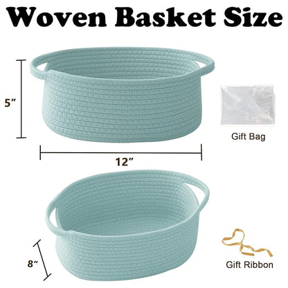 Gift Basket with Gift Bag and Ribbons,Small Rope Woven Shelf Storage,Baskets for Gifts Empty,Birthday,Baby Shower,Decorative Organizer Box with Handles(Aqua)