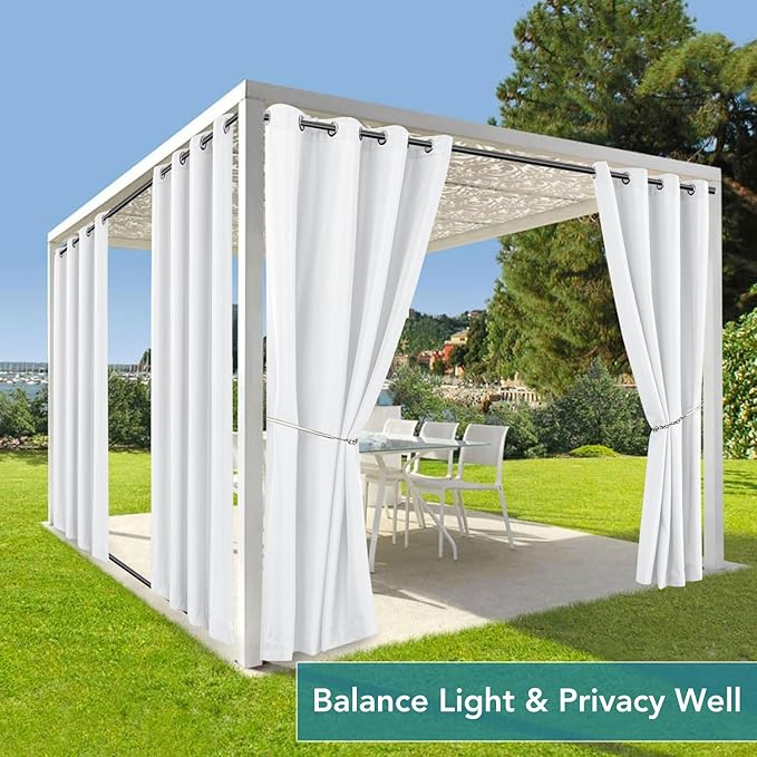 HolidayIdeas 4 Panels Gazebo Curtains Waterproof-Outdoor White Curtains 54x84 Inch-Windproof Weatherproof Privacy Curtain-Grommet Top and Tab Bottom Drape for Patio, Porch, Pergola, Cabana