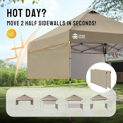 CROWN SHADES 10x10 Pop up Canopy Tent Instant Canopy with 150D Silver Coated Fabric Including 2 Half Sidewalls, 4 Ropes, 8 Stakes, 4 Weight Bags, STO 'N Go Bag, Beige