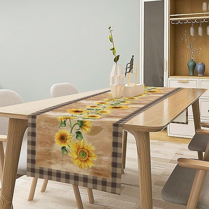 Yellow Sunflower Table Runner, Spring Sunflower Seasonal Country Fall Retro Plant Table Runners for Kitchen Farmhouse Dining Coffee Party 13x120in