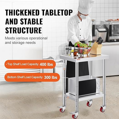 Mophorn 24x18x34 Inch Stainless Steel Work Table 3-Stage Adjustable Shelf with 4 Wheels Heavy Duty Commercial Food Prep Worktable with Brake for Kitchen Prep Work