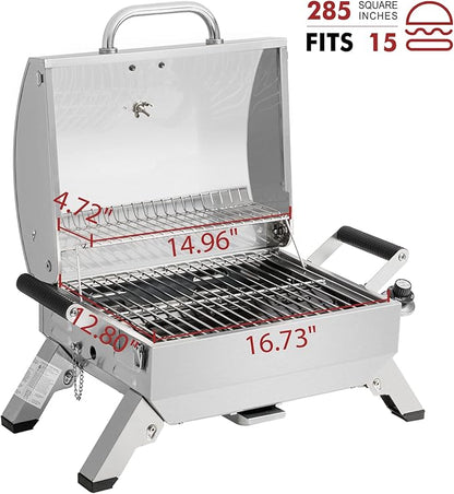 Stainless Steel Portable Grill with Two Handles and Travel Locks, Tabletop Propane Gas Grill with Folding Legs, 10000 BTU, for Picnic Cookout, GT2001, Silver