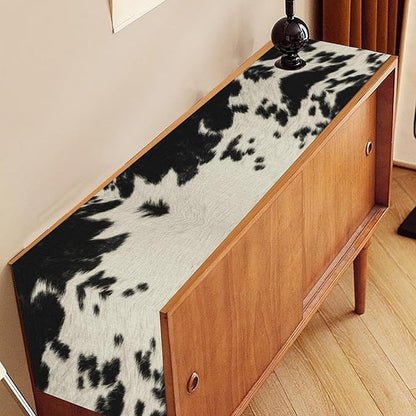 Cow Print Table Runner, Black Cowhide Print Western Style Table Runner Country Farmhouse Cottage Cow Pattern Linen Table Decoration for Home Kitchen Dining 13x108
