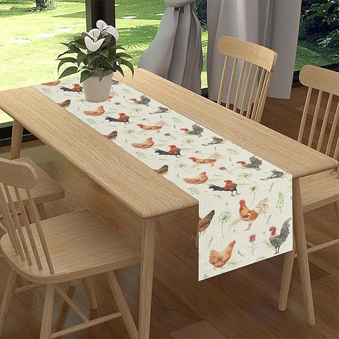 Farmhouse Rooster Table Runner, Rustic Farm Animals Cow Pig Chicken Coffee Table Center Decor for Home Kitchen Dining Patio Holiday Party Indoor Outdoor Table Decorations, 13"x36" Inch