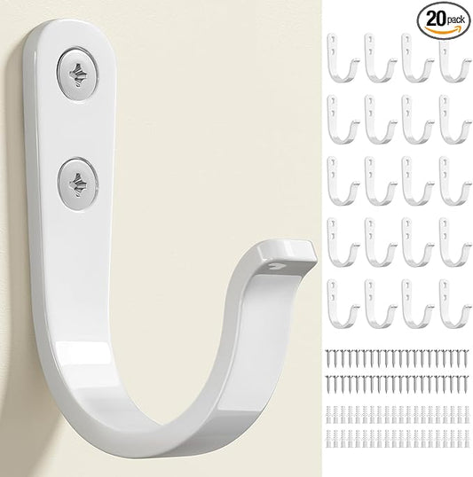 20Pcs Wall Hooks for Bathroom, Kitchen, Closet, and Garage - White Metal Hooks for Hanging Coats, Towels, Hats, Keys, Bags, and Coffee Cups - Holds Up to 40 lbs