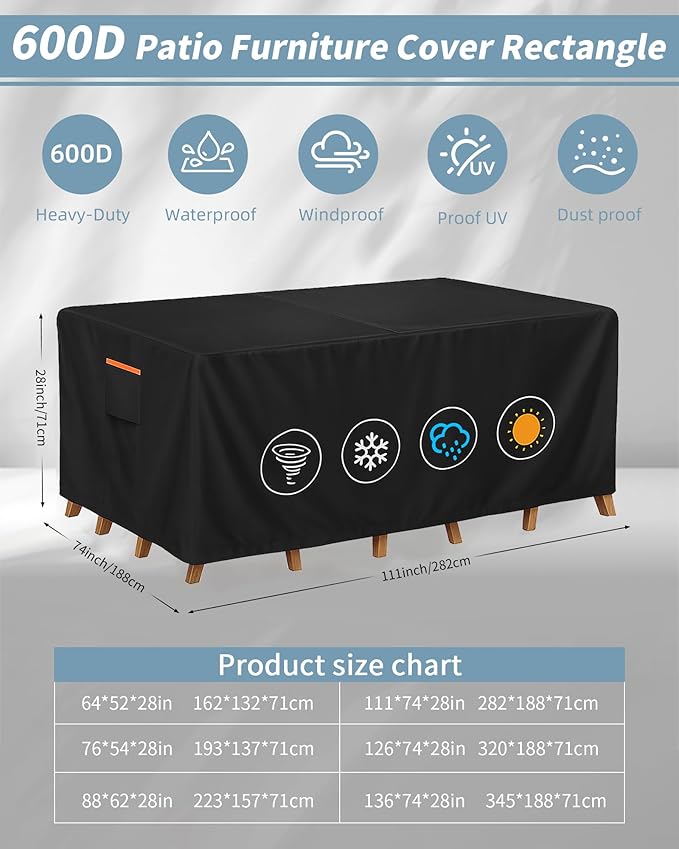 Outdoor Waterproof Furniture Cover, 111W x 74L x 28H inches Heavy Duty 600D Rectangular Table and Chair Set Protection, Black