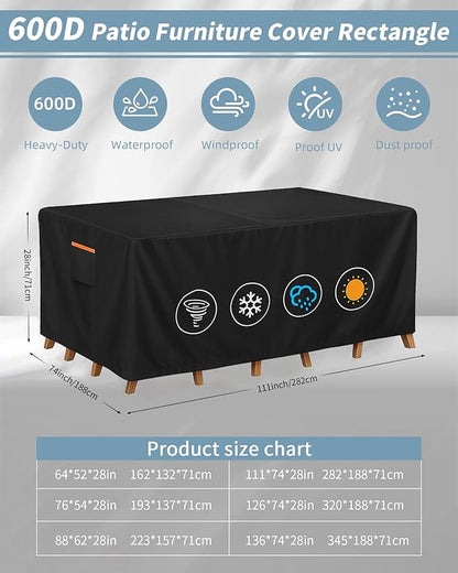 Outdoor Waterproof Furniture Cover, 111W x 74L x 28H inches Heavy Duty 600D Rectangular Table and Chair Set Protection, Black