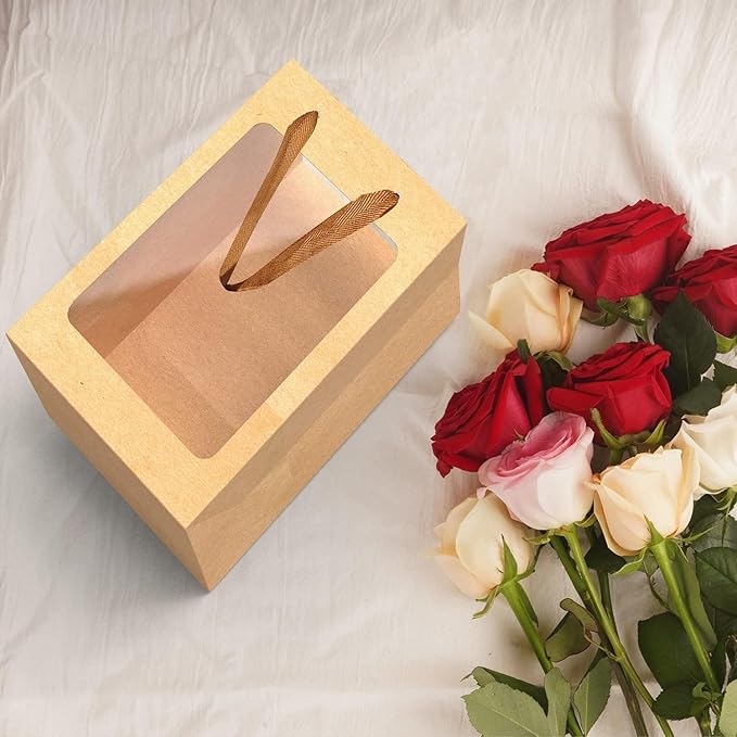 6 Pcs Brown Paper Gift Bags with Transparent Window, 9.84"x7.0"x5.12" Kraft Shopping Bags with Handles for Bouquet Christmas Birthdays Festivals Party Weddings Wrapping