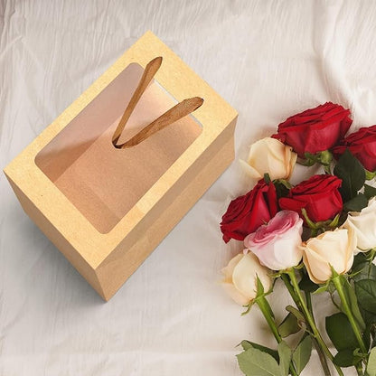 6 Pcs Brown Paper Gift Bags with Transparent Window, 9.84"x7.0"x5.12" Kraft Shopping Bags with Handles for Bouquet Christmas Birthdays Festivals Party Weddings Wrapping