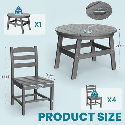 5 Piece Round Outdoor Dining Set, Relaxing HDPE Outdoor Table and Chairs with 105° Ergonomic Backrest, All-Weather Patio Table and Chairs Set with Umbrella Hole for Porch, Poolside, Gray