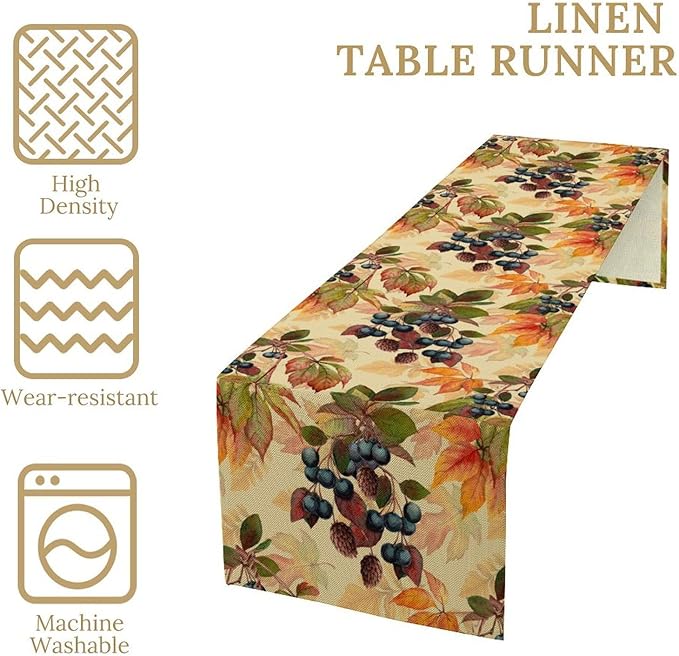 Autumn Leaf Table Runner, Thanksgiving Autumn Harvest Watercolor Black Berry Floral Fruit Leaves Vintage Table Runner for Home Party Picnic Dinner Table Decor, 13x120inch