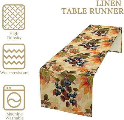 Autumn Leaf Table Runner, Thanksgiving Autumn Harvest Watercolor Black Berry Floral Fruit Leaves Vintage Table Runner for Home Party Picnic Dinner Table Decor, 13x90inch