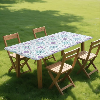 Rectangle Table Cloth Cover Waterproof Elastic Fitted Polyester Fitted Tablecloths for 6 Foot Tables for Indoor,Picnic, Camping, Outdoor （72" x 30"，Geometric Flowers）
