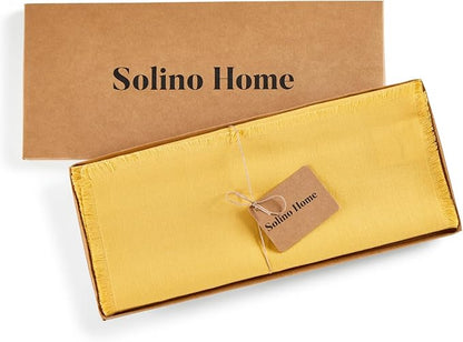 Solino Home Linen Fringe Table Runner 108 Inches Long - 100% Pure Linen Marigold Yellow Table Runner 14 x 108 Inch for Spring, Easter