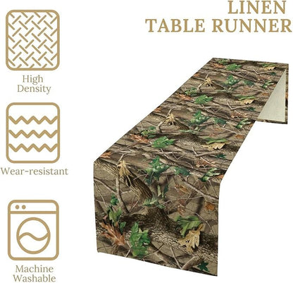 Forest Camouflage Table Runner, Camo Conifer Oak Branches Mossy Hunting Lodge Camp Cabin Table Runner for Kitchen Dining Room Party Camping 13x70in