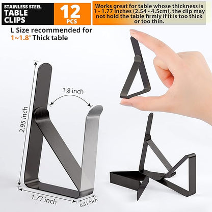 Tablecloth Clips Black - 12 Pack Stainless Steel, Rust Proof & Non-Slippery Table Cloth Holding Clip - Perfect for Restaurants, Picnic, Party, Outdoor Dining - Fits Up to 1.8 Inch Thick Table
