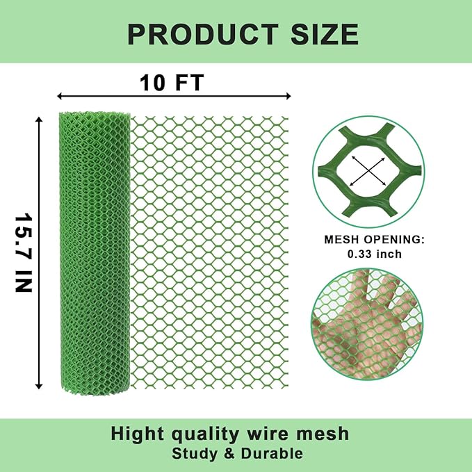 vensovo Plastic Wire Mesh Fence 16IN x 10FT Roll - Green Chicken Wire Fencing for Poultry, Gardening Barrier, Balcony Guard for Cats and Dogs, Floral Craft Mesh with 20 Zip Ties