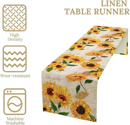 Sunflower Table Runner, Rustic Old Paper Seasonal Table Runner Farmhouse Kitchen Home Party Dining Room 13x120in
