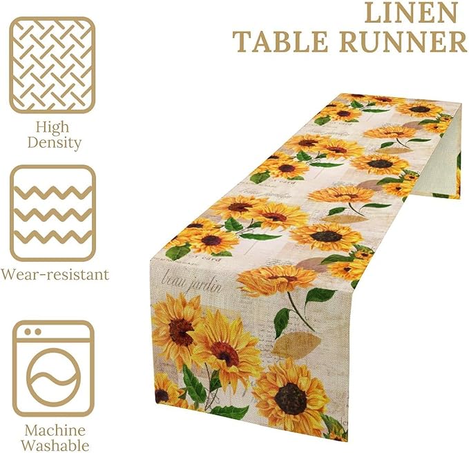 Sunflower Table Runner, Rustic Old Paper Seasonal Table Runner Farmhouse Kitchen Home Party Dining Room 13x90in