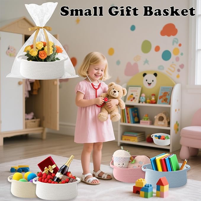 Gift Basket with Gift Bag and Ribbons,Small Rope Woven Shelf Storage,Baskets for Gifts Empty,Birthday,Baby Shower,Decorative Organizer Box with Handles(White)