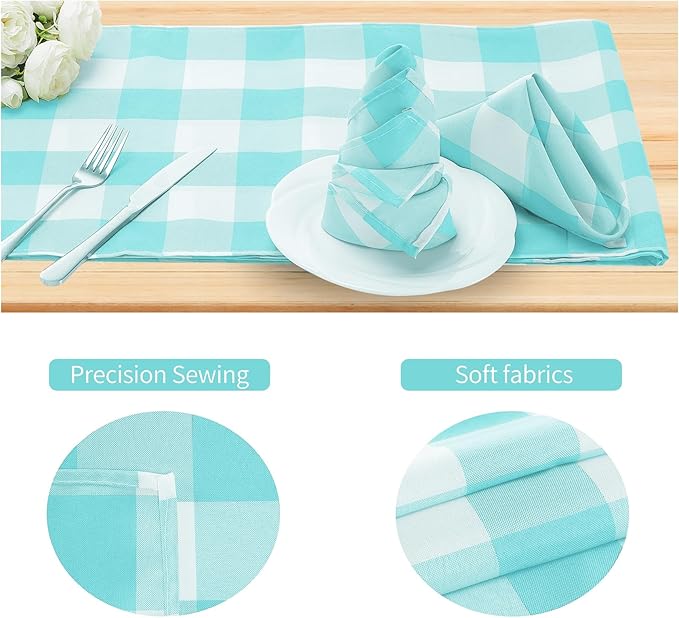 Buffalo Plaid Table Napkins Set of 12 Checkered Cloth Napkins 17x17 inch Washable Dinner Gingham Pattern Napkins Soft Napkins for Wedding Party Dining Banquet(Aqua and White)
