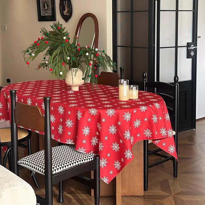Christmas Red Tablecloth, Rectangle Table Cloh with Snowflake Decorations, Spillproof Cotton Linen Fabric Table Cover for Holiday, Winter, Party - 60''x120''