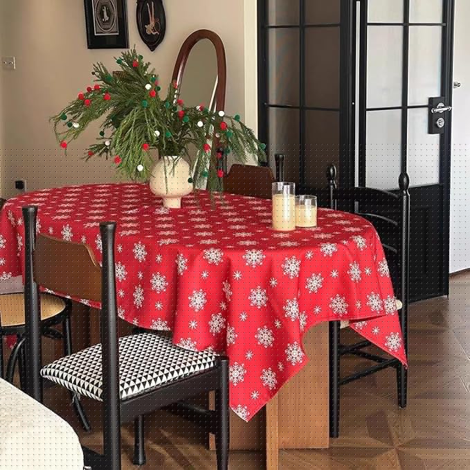 Christmas Red Tablecloth, Rectangle Table Cloh with Snowflake Decorations, Spillproof Cotton Linen Fabric Table Cover for Holiday, Winter, Party - 60''x84''