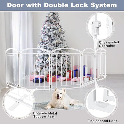 Full Metal Free Standing Dog Gate with Door for Indoor Outdoor, 144'' Extra Wide 36'' Tall Dog Gate for Doorways,Large Openings,Decks,Freestanding Portable Pet Fence(6 Panels,White)