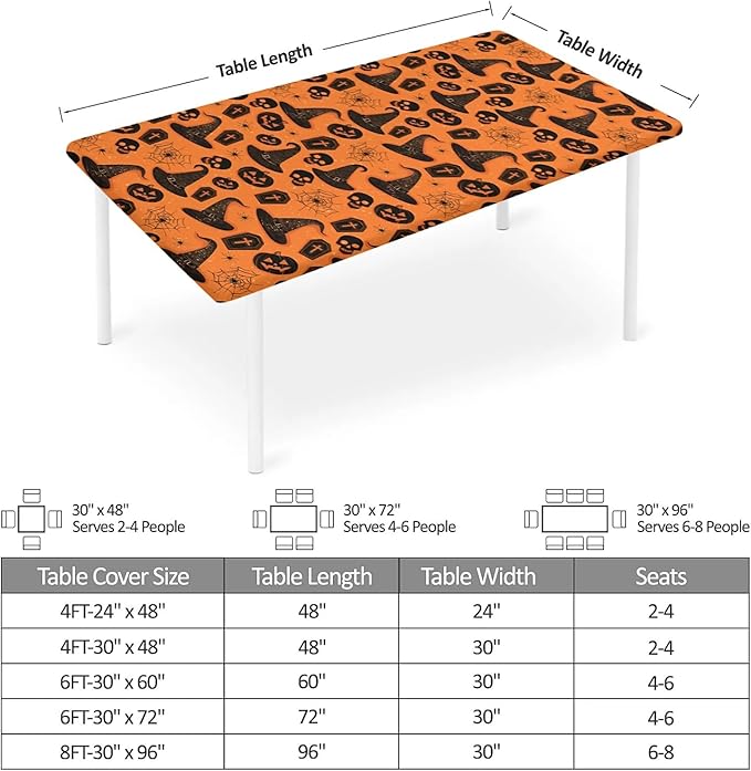 Rectangle Table Cloth Cover Waterproof Elastic Fitted Polyester Fitted Tablecloths for 6 Foot Tables for Indoor,Picnic, Camping, Outdoor （72" x 30"，Halloween Tablecloth）