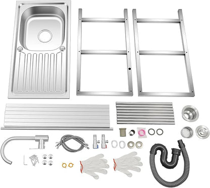 Outdoor Utility Sink, Freestanding Kitchen Sink with Faucet, Utility Sink Freestanding Single Bowl Portable Washing Hand Basin Station with 2 Tier Storage Shelves for Backyard (29.52x 15.74x 30.7in)