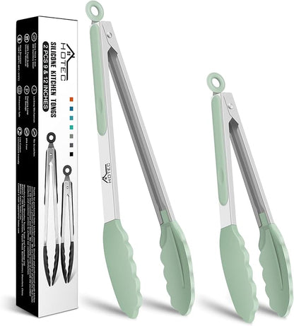 Hotec Premium Stainless Steel Locking Kitchen Tongs with Silicon Tips, Set of 2-9" and 12" Light Green