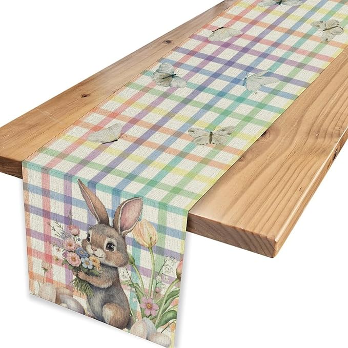 Happy Easter Table Runner,Rustic Watercolor Bunny Flowers Butterflies Eggs Seasonal Table Center Decor for Family Kitchen and Living Room Outdoor Farmhouse Party Table Decorations, 13"x90"