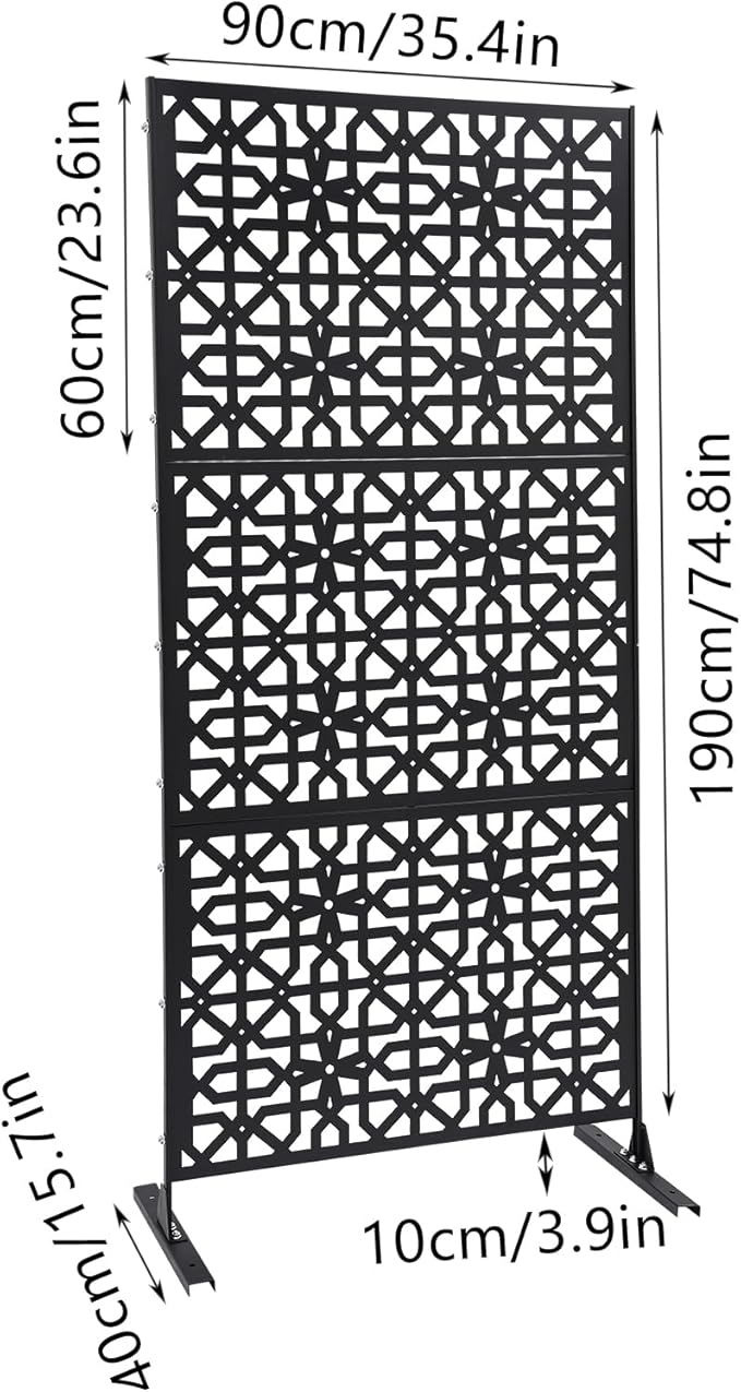 Outdoor Metal Privacy Screen with Stand, 35.4" W x 75" H Freestanding Metal Slatted Decorative Privacy Screen and Panels for Patio Garden Balcony Porch (Black Polygonal)