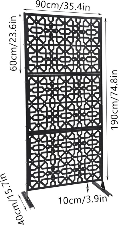 Outdoor Metal Privacy Screen with Stand, 35.4" W x 75" H Freestanding Metal Slatted Decorative Privacy Screen and Panels for Patio Garden Balcony Porch (Black Polygonal)