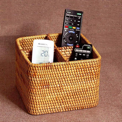 i-lan Natural Rattan 4 Compartments Cooking Utensil Silverware Organizer Holder Cosmetics Storage Box Cutlery Caddy Flatware Serving Basket (180mm 4-Compartment Box)