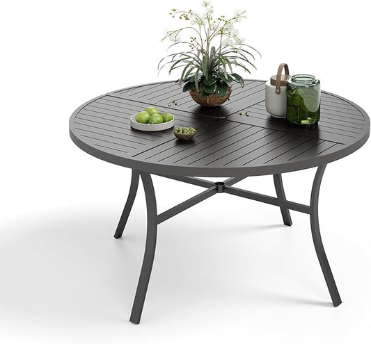 Outdoor Patio Round Dining Table for 6, 54"x 54" Metal Round Table with Adjustable Umbrella Hole, All Weather Wrought Iron Black Outdoor Table for Deck Lawn Garden Backyard, Black