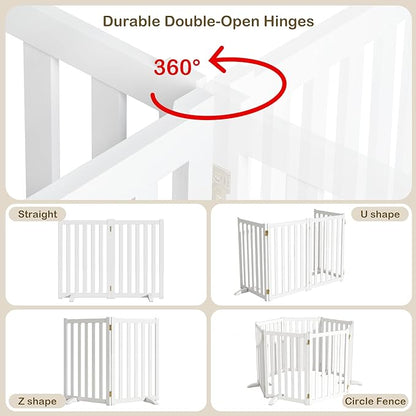 24" Height Tall Freestanding Pet Gate, Solid Wood Folding Safety Fence Wooden Dog Gate with 2 PCs Support Feet Ideal for Stairs, Doorways, Halls, Kitchens, Heavy Duty Gates, 2 Panels, White