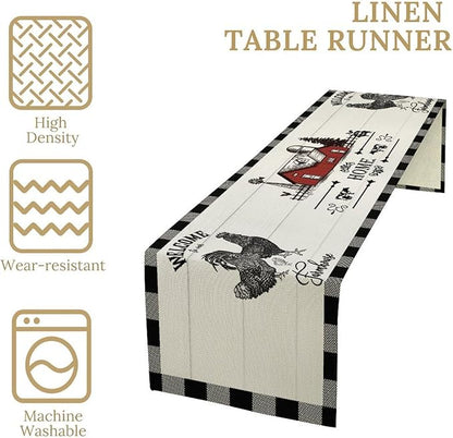 Rooster Table Runners, Black White Buffalo Plaid Rustic Cow Farm Animal Table Runner for Wedding Coffee Dining Table Party Home Farmhouse 13x60in