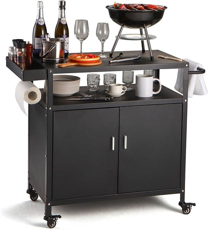 Grill Cart with Storage, Outdoor Bar Cart Rolling BBQ Cart Movable Pizza Oven Table Stand with Foldable Stainless Steel Top & Storage Cabinet, Black（34.6 x 17.7 x 34.6 Inch）