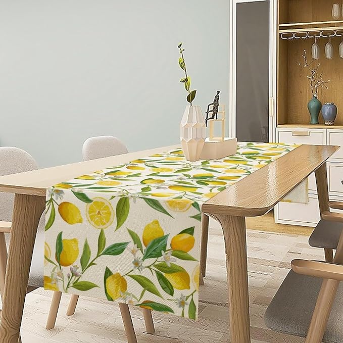 Lemon Table Runner, Summer Fruits Green Leaves Flower Plant Table Runner for Farmhouse Coffee Home Kitchen Dining Party Outdoor 13x108in