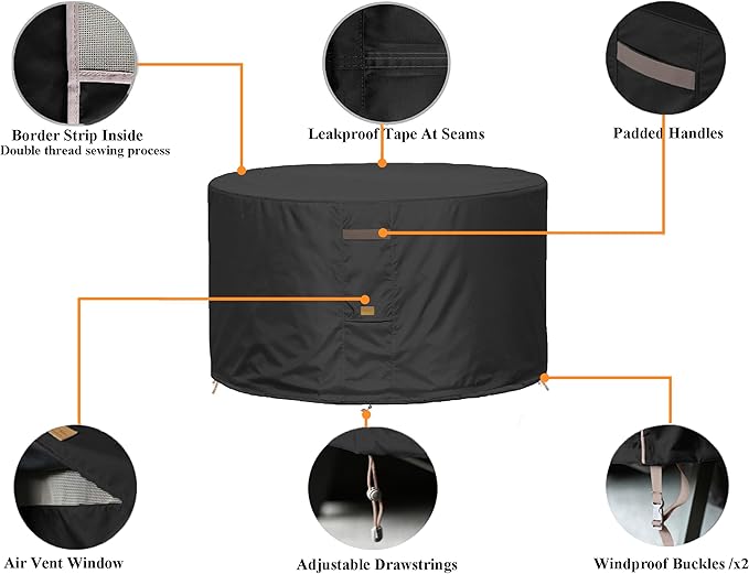 Fire Pit Cover 600D Heavy Duty Waterproof Fabric With PVC Coating Round 22" Dia x 16" H Black Fits 18-20 inch Fire Pit Table Fade Resistant Outdoor Firepit Cover