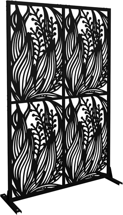 Metal Privacy Screen Room Divider 72" H x 45.3" W, Free Standing Decorative Panel with Bird Design for Indoor Outdoor Use, Black Iron Partition for Patio Balcony Garden (Leaf Black)