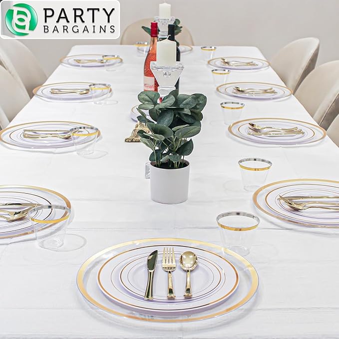 PARTY BARGAINS 10 Disposable Table Covers - 54" X 108", 3 Ply Paper & Plastic White Table Cover